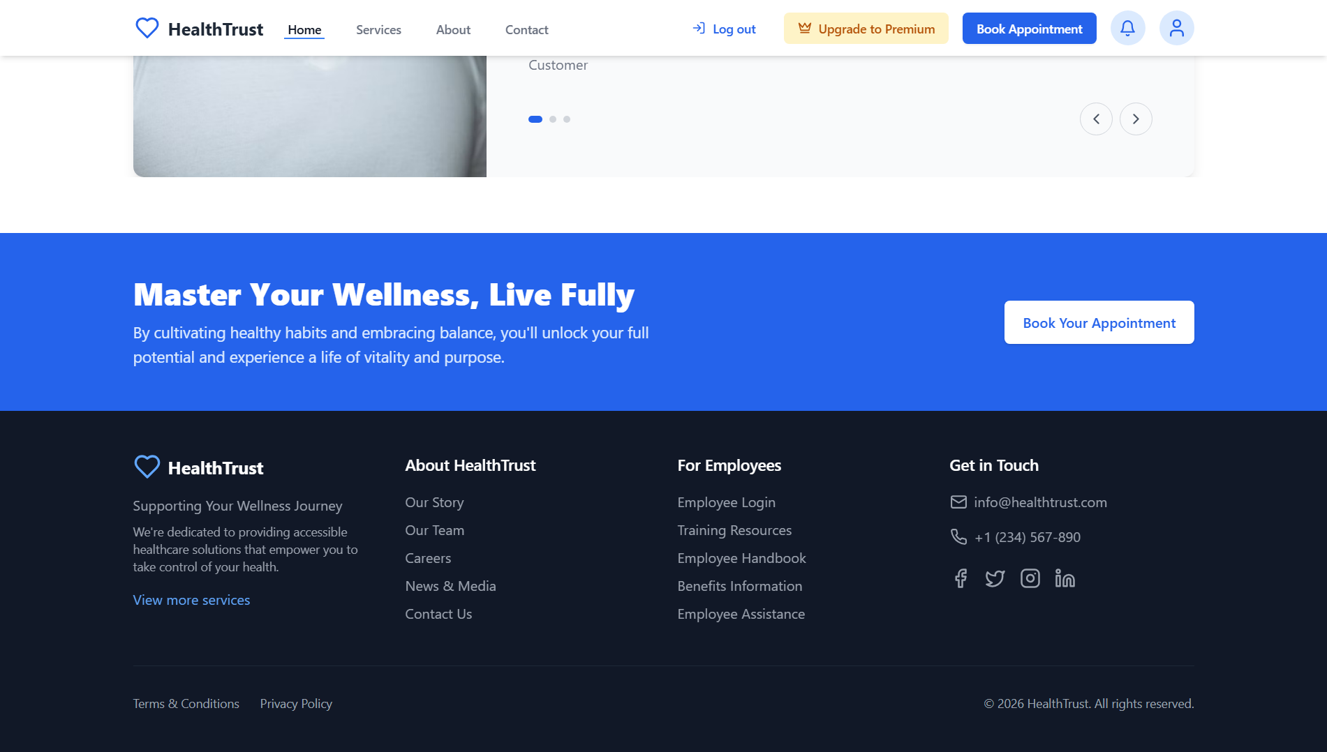 HealthTrust homepage showing Expert Health Consultations Anytime Anywhere landing hero